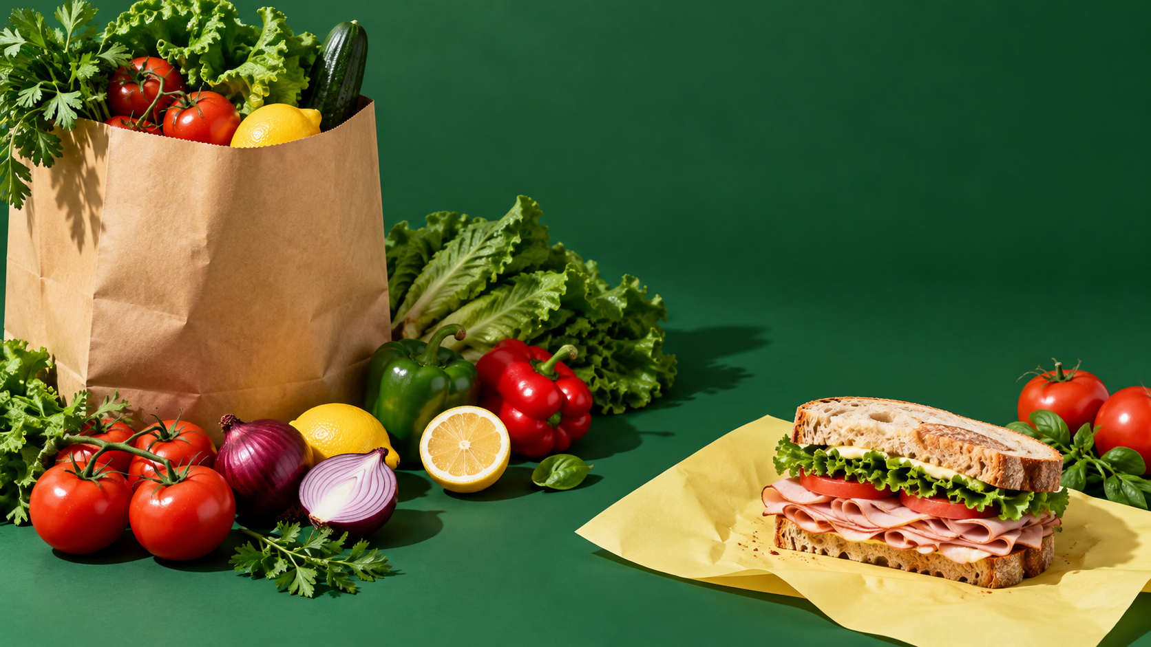 Illustrative concept still-life of fresh produce, a paper grocery bag and a deli sandwich